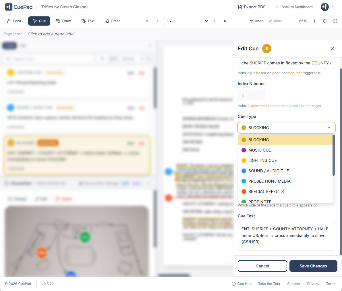 CuePad cue editor showing color-coded cue types, trigger text selection, and cue type dropdown with blocking, music, lighting, sound, and projection options