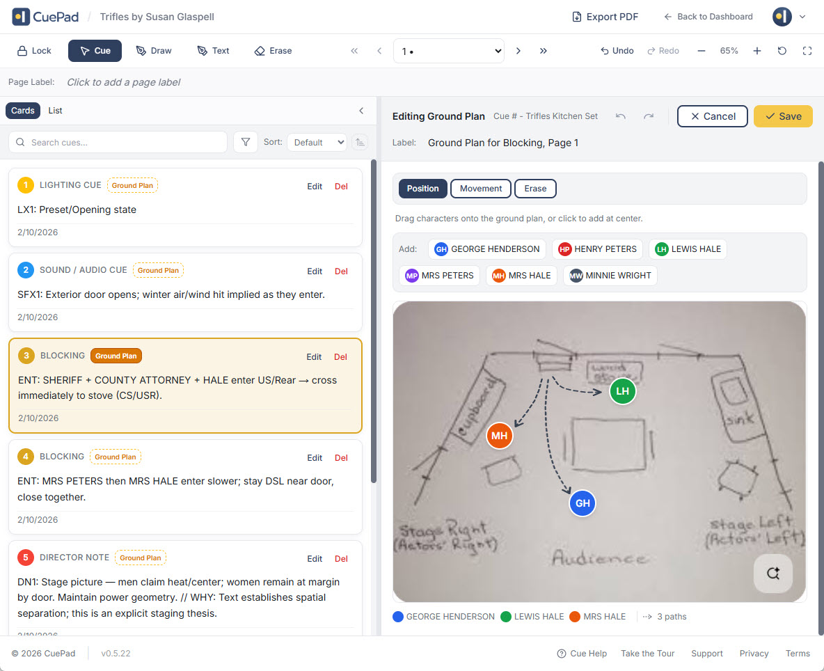 Ground plan editor in CuePad showing character markers placed on a stage layout with movement paths and position controls