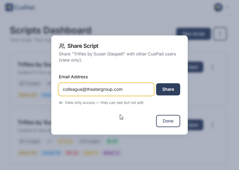Share Script dialog in CuePad showing email-based sharing with view-only access for collaborators